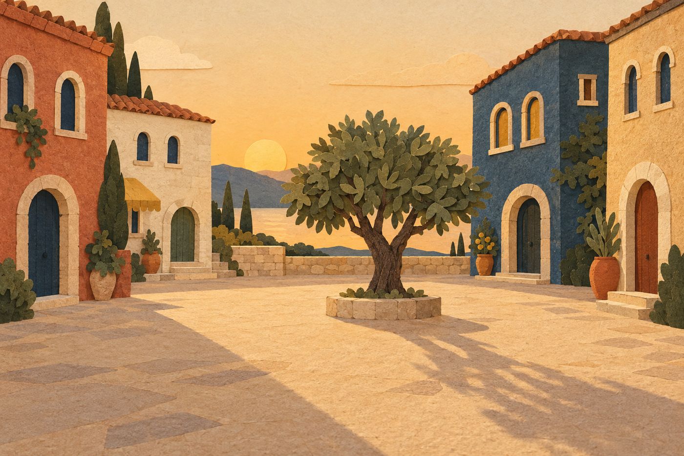 כיכר עיר בשעת שקיעה עם עץ זית במרכז